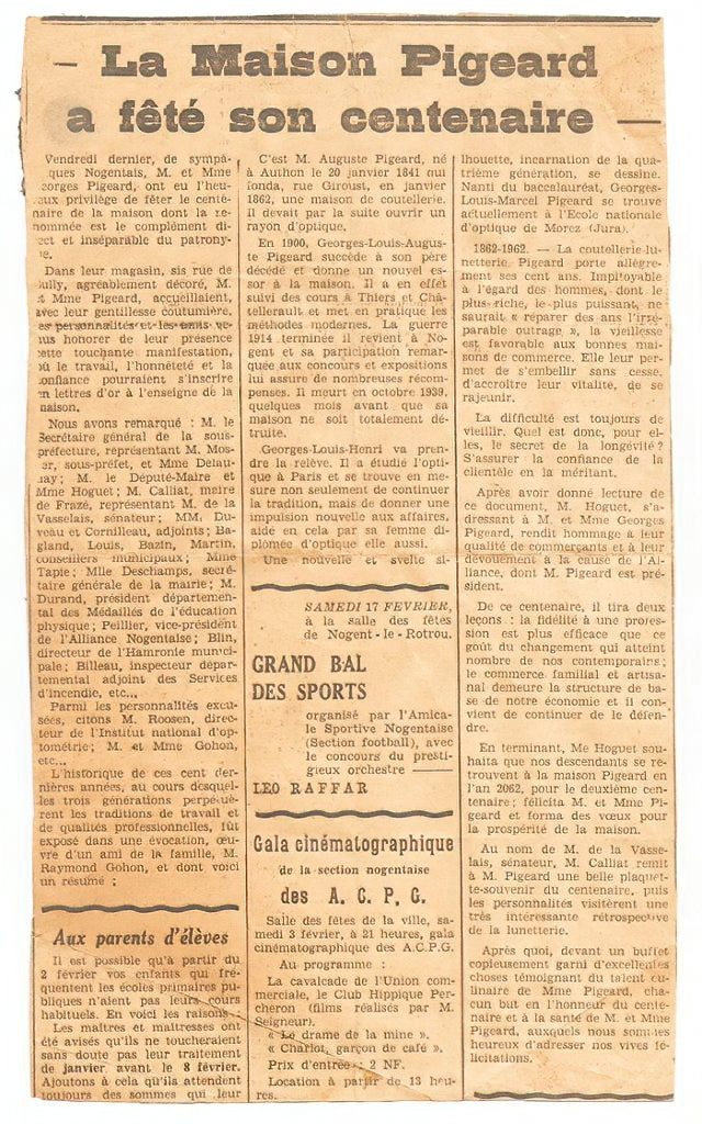 Article de presse — La Maison Pigeard a fêté son centenaire, retraçant la lignée familiale