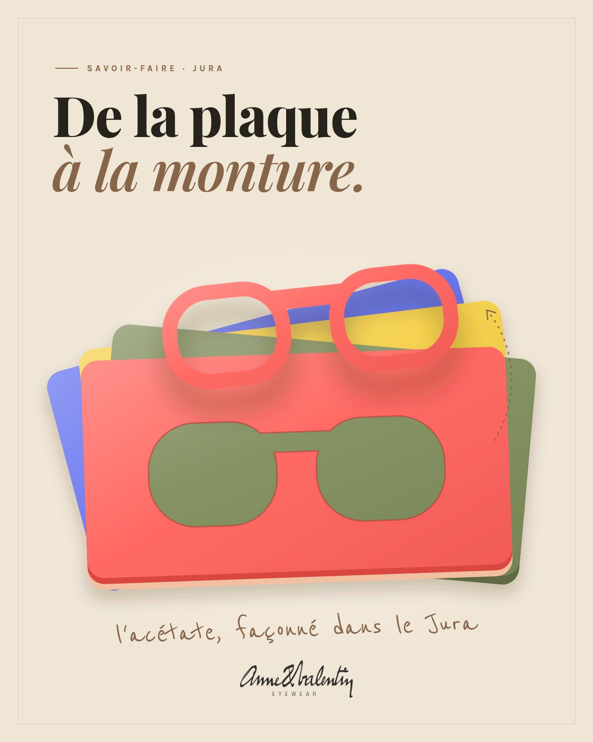Illustration : plaques d'acétate colorées disposées en éventail ; une face de lunettes corail vient d'être découpée dans la plaque du dessus.