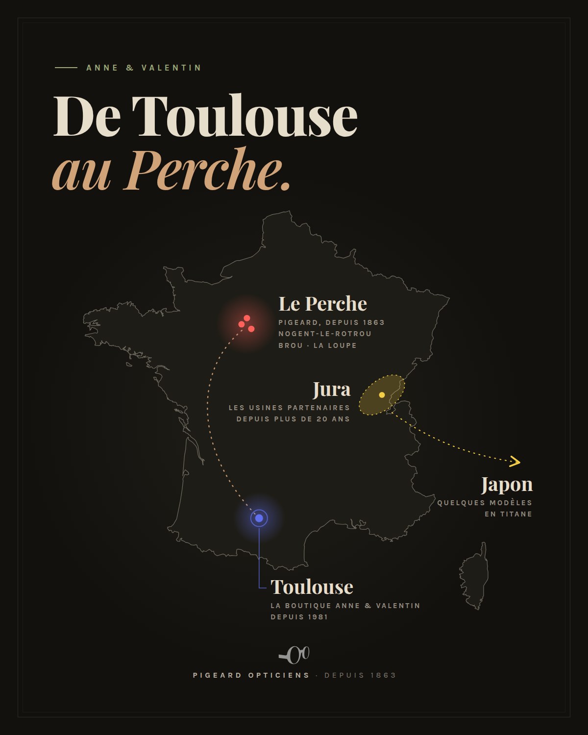 Carte de France : Toulouse, la zone du Jura avec une flèche vers le Japon, et les trois magasins Pigeard dans le Perche.